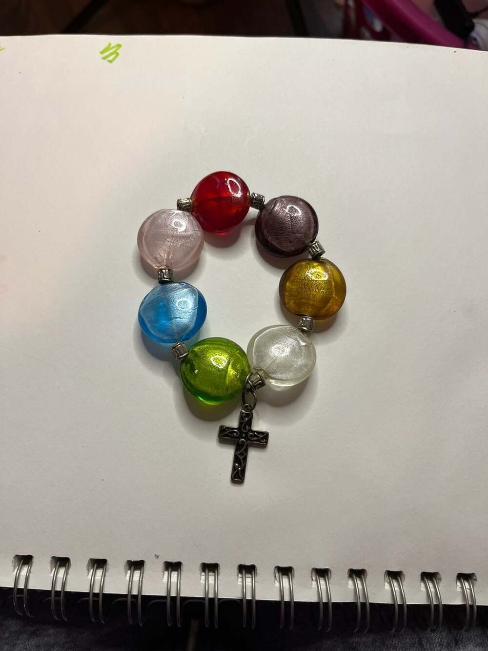 7 Virtues Colorful Murano Glass Beaded Stretch Bracelet with Cross Charm